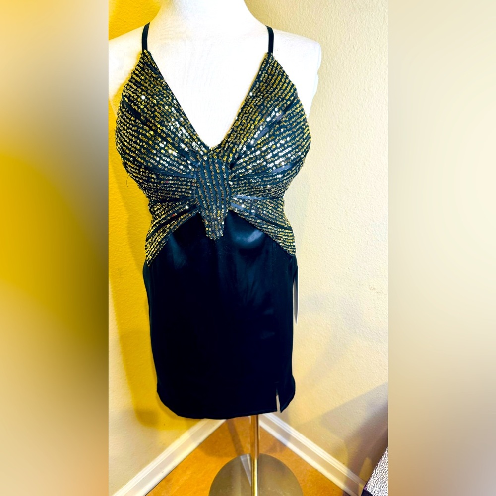 Sexy short party dress, Satin and gold sequins
